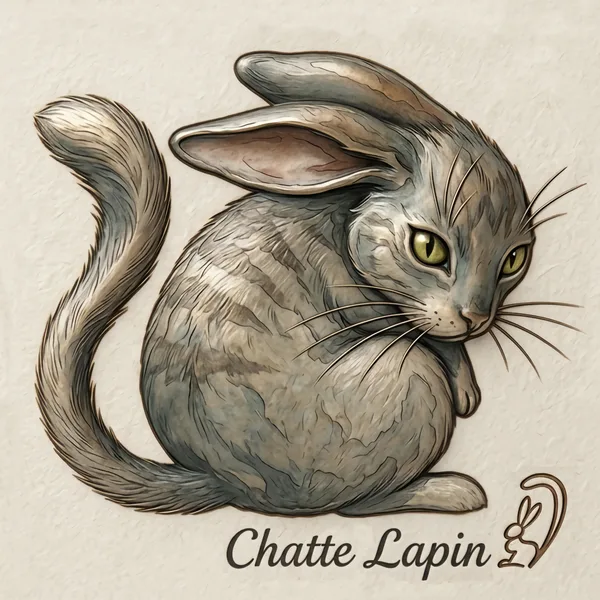 ChatteLapin のロゴ。 水彩で描かれた猫的兎の図と、 手書きの Chatte Lapin の文字